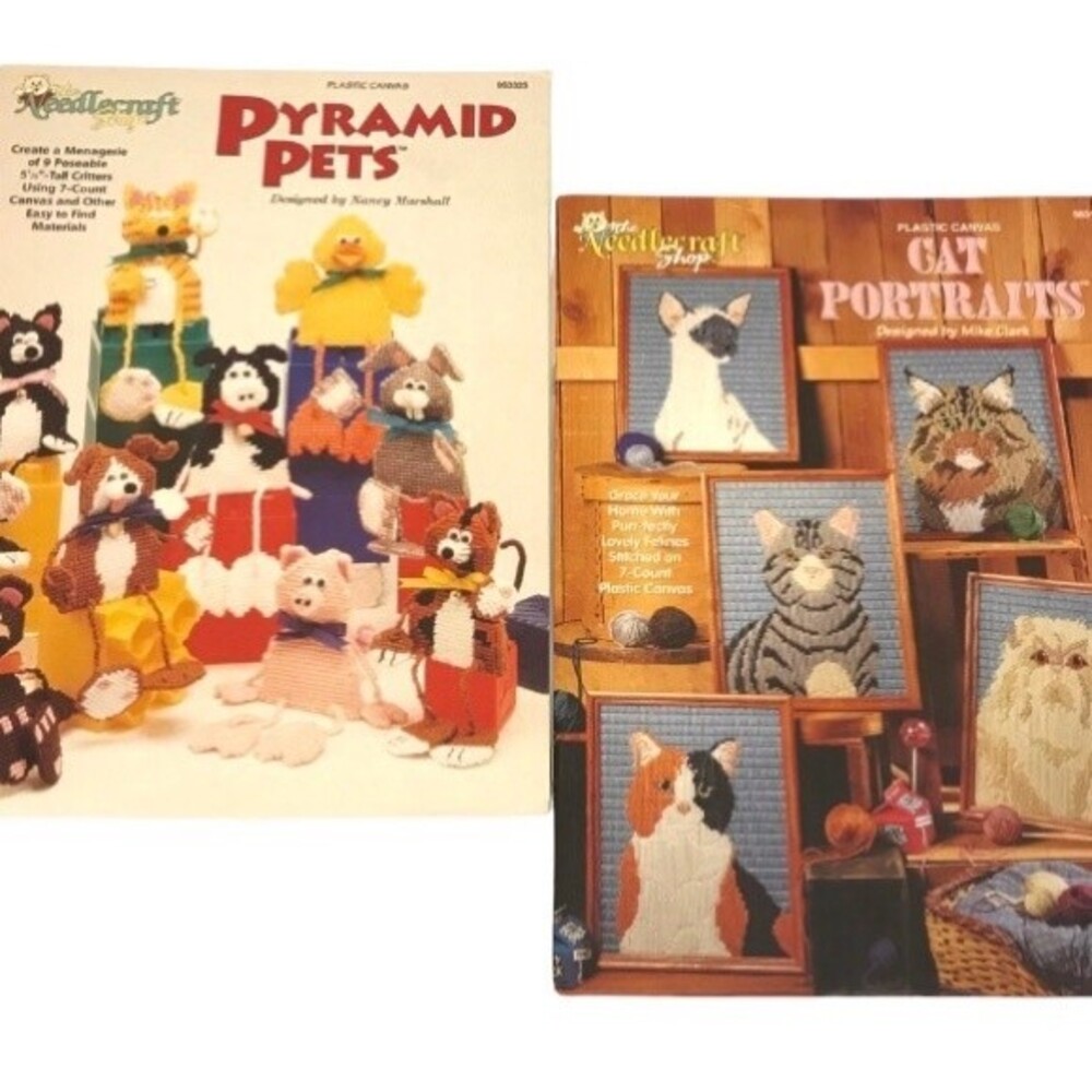 Vintage Plastic Canvas Instruction Booklets Cat Portraits and Poseable Pets